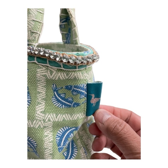 Sigrid Olsen Green tote with Blue fish pattern vintage. Canvas, Rhinestones - Picture 6 of 13